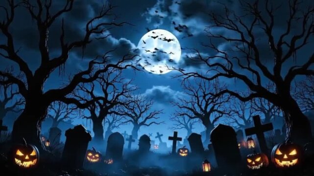 The scene opens on a dark graveyard bathed in the light of a full moon, adorned with the silhouettes of dead trees, fluttering bats, and glowing jack-o'-lanterns nestled among the tombstones.