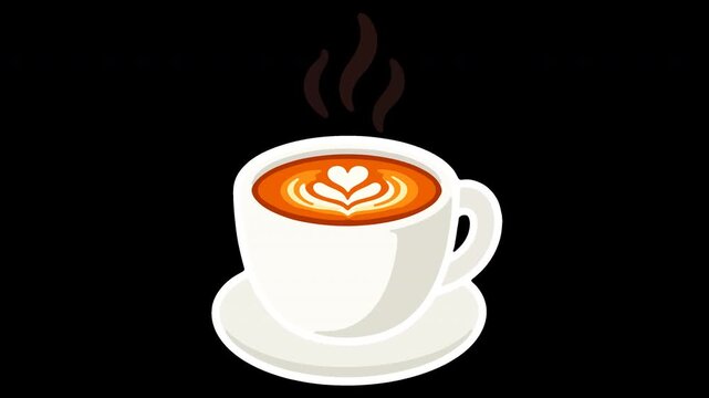 Cartoon sticker of a white cup of latte on a saucer with a heart and rosetta latte art and three wisps of steam, on a transparent background. The steam wisps sway and breathe, the latte art gently swi