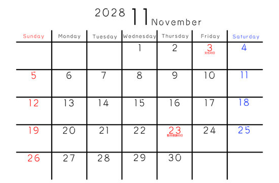 2028年シンプルカレンダー 11月　曜日英語