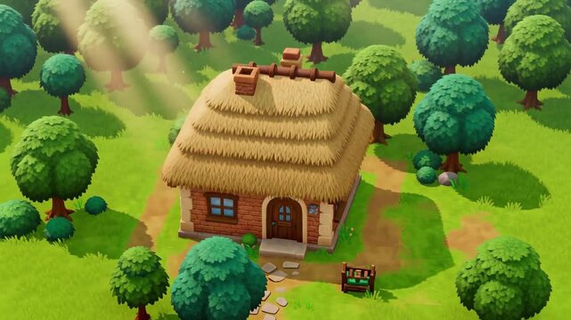 Thatched Roof Cottage Nestled in Serene Forest Clearing with Soft Morning Light Cinematic 3d Render for Game or App Background