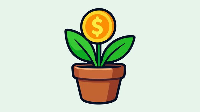Flat cartoon illustration of a potted green plant growing a gold coin with a dollar sign instead of a flower, in a terracotta pot, on a soft mint background with copy space. The investment grows: the