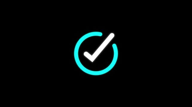 Cyan Circle Check Mark Animation Icon for Success Complete Verified Approval Confirmation UI Interface on Black Background 4K Animated Graphic