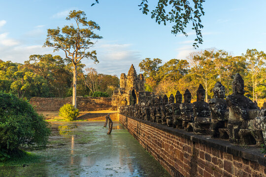 South Gate of Angkor Thom and Ancient Stone Bridge at Golden Hour