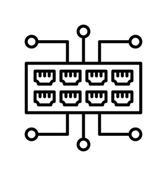 Network switch icon with eight ethernet ports and circular node connection points