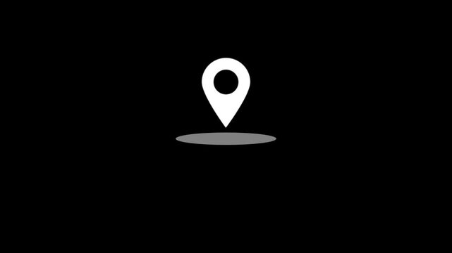 White GPS Location Pin Animation Icon for Map Marker Navigation Address Finder Travel App Interface with Ground Shadow on Black Background 4K