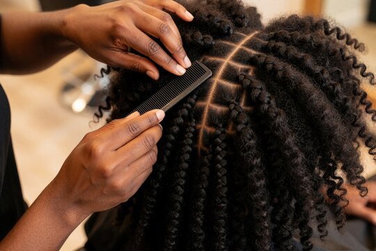 Top view of professional hairstylist sectioning afro hair with black comb. Black man uses tool for braiding textured hair in beauty salon. Close up of hands creating neat pattern for cornrows box