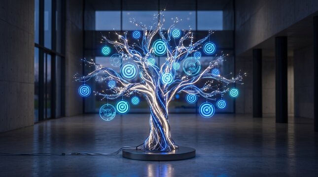 Abstract glowing digital tree sculpture with floating blue data icons in a modern office lobby.