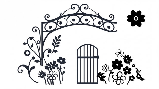 Garden Arch Decorative Floral Silhouette Vector Illustration with Gate