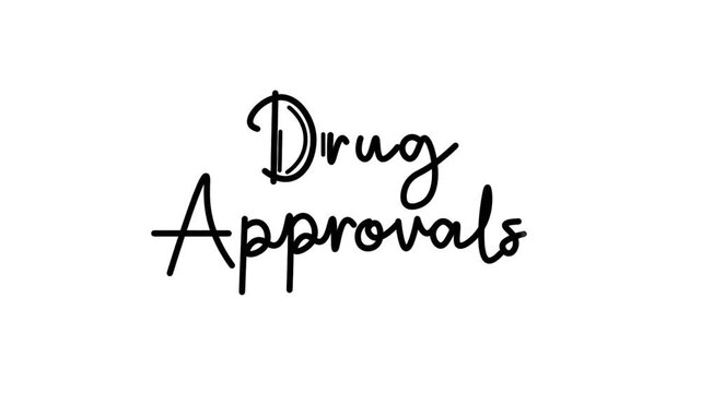 Drug Approvals One line continuous animated typography intro outro, hand drawn calligraphy monoline vintage text on background, aniamted Calligraphy lettering animation video, black on white backdrop