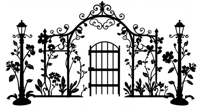 Garden Archway Gate with Floral Silhouette and Lampposts Decoration