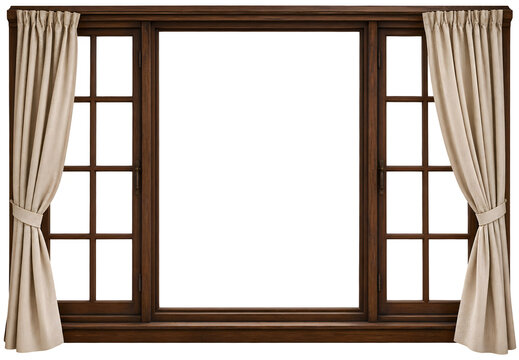 Vintage Wooden Window Frame with Beige Curtains and Indoor Plants Isolated on Transparent Background
