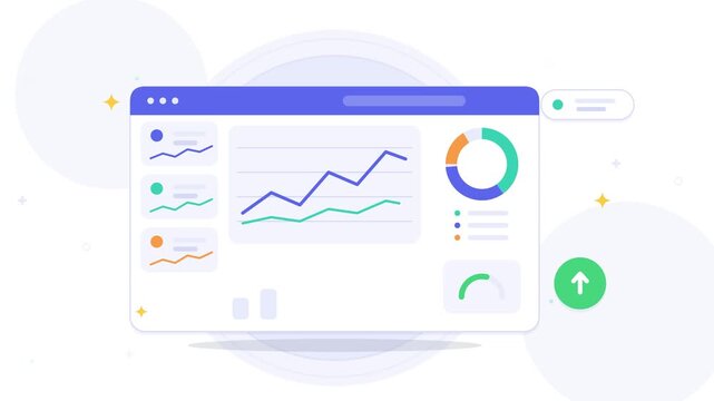 Flat design animation of a business dashboard in a web browser window showcasing data visualization, growth charts, and analytics performance metrics.