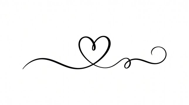 Elegant heart calligraphy flourish, minimalist black line art heart on white background, romantic wedding invitation divider decoration