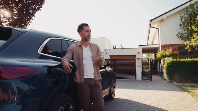 Man checking electric car charging status on smartphone.