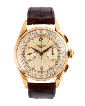 Longines hand-wound chronograph, Flyback model, reference 6595-9, 18kt rose gold case, two-tone silver dial. Milan, Italy, April 19, 2025