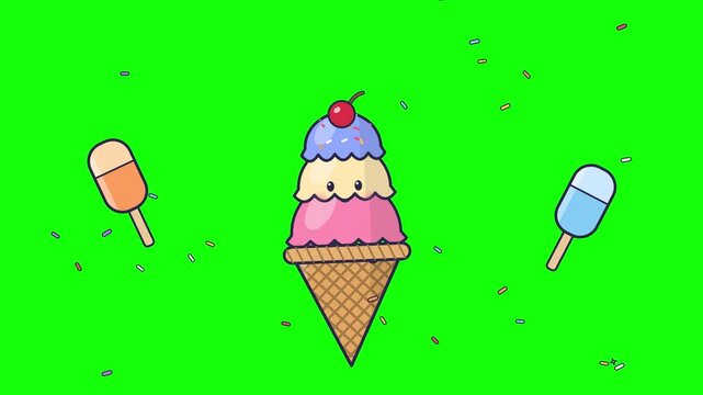 Cute colorful ice cream cone with popsicles on green screen