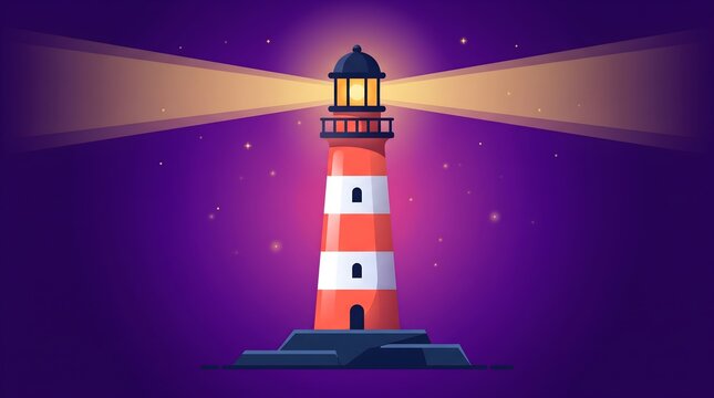 A striped lighthouse emitting a bright glowing light beam against a dark purple starry night sky