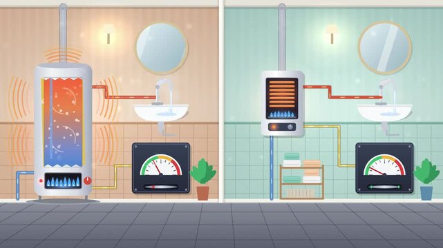 Tankless vs tank water heater energy use comparison, split screen explainer animation with usage meters in 4K