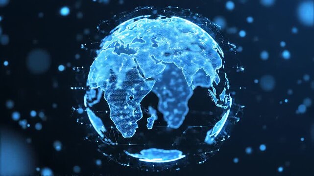 Mundo digital. Tierra dibujada como una red con nodos, grando alrededor de su eje