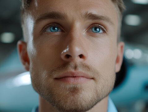 Electric aircraft mechanic in bright modern hangar