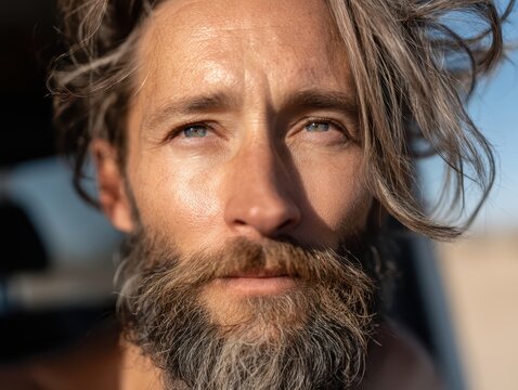 Bearded van life traveler in warm outdoor sunlight