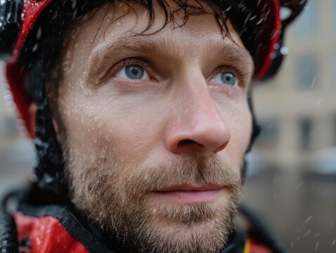 Urban flood engineer wearing rain helmet during storm