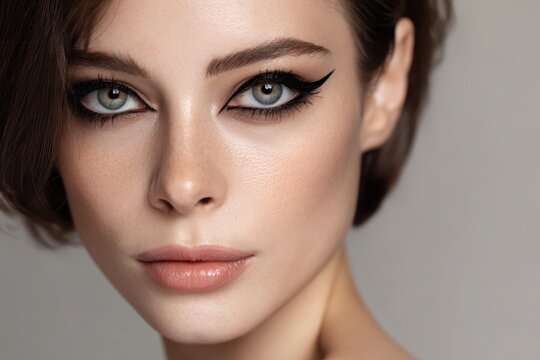 Beauty close-up of woman with sharp black winged eyeliner