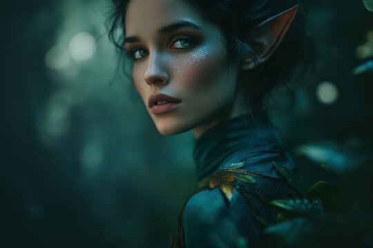 Elf-inspired woman with pointed ears in enchanted forest