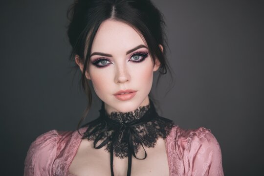 Victorian-inspired woman in pink dress with black lace collar