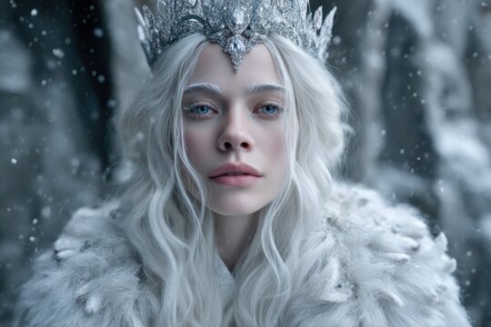 White-haired ice queen wearing crystal crown in snowfall