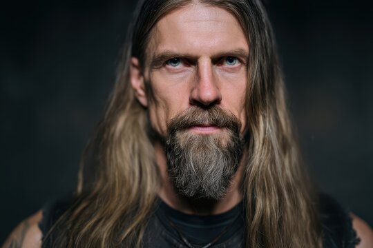 Long-haired metalhead man with beard in dark studio