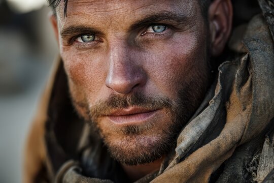 Wasteland survivor with weathered face and rough clothing