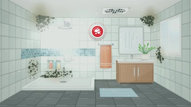 Bathroom mold growing from shower steam, removed with exhaust fan, spray and scrub brush, mold remediation 4K animation