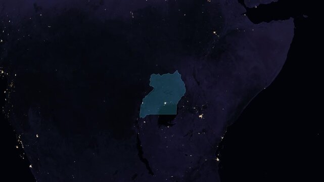 Uganda night globe. City lights, zoom, spin, outline glow, pullback, ring reveal for Uganda. Elements of the animation furnished by NASA.