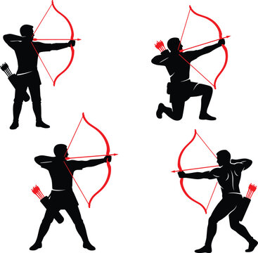 Archer warrior character set vector illustration featuring medieval bowmen silhouettes aiming with red bows and arrows