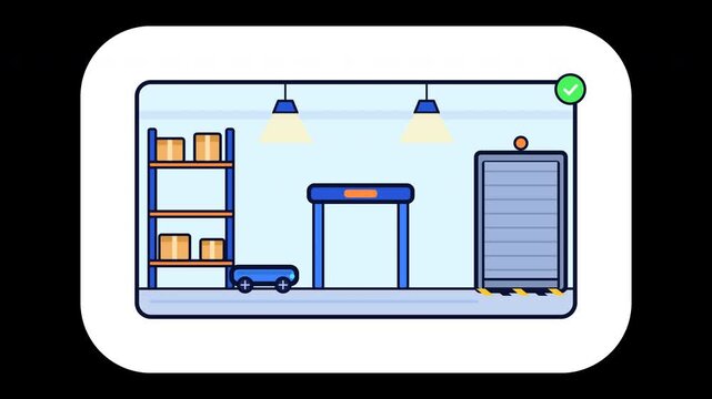 Bold sticker of an automated warehouse scene with a storage rack full of cardboard boxes, pendant lamps, a blue autonomous mobile robot, a scanner gate and a loading dock with a truck and roll-up shut