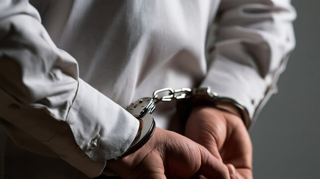 Close up of a businessman wearing handcuffs in front of his body. This represents a white collar crime arrest for legal or corporate justice concepts.