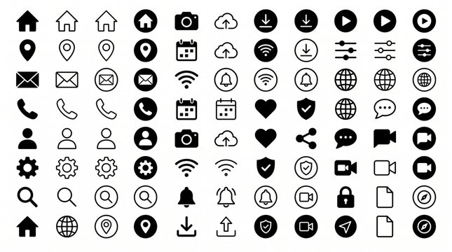 Minimalist interface icons collection, 88 black and white web symbols for mobile apps, modern outline and solid navigation elements isolated on White Background