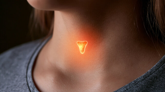 A woman's neck highlighting the glowing thyroid gland with digital overlay. Conceptual medical imagery for endocrine system health and diagnostic research.