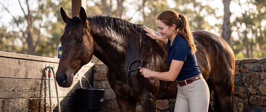 Horse grooming by female equestrian outdoors, removing water with a sweat scraper from a wet brown thoroughbred in a rustic stone wash stall for animal care and ranch promos