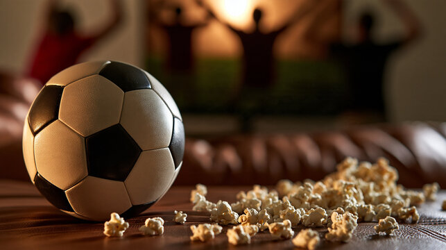 Soccer ball and popcorn on a couch with blurred fans celebrating in the background. Represents sports broadcasting at home or a lively entertainment watch party.