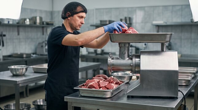 Male butcher in hairnet loading fresh raw beef chunks into stainless steel industrial grinder machine representing commercial meat production