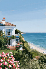 Fototapeta premium Elegant white villa situated on a sun drenched cliff, offering scenic views of the serene blue ocean and a private sandy beach