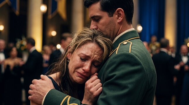 Emotional woman crying while hugging a male soldier in green military dress uniform.