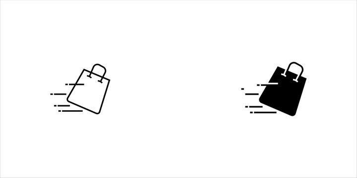 Minimal black outline icon set. of a shopping bag with a handle and horizontal motion lines, representing fast shopping, express delivery, retail services, and quick purchases.