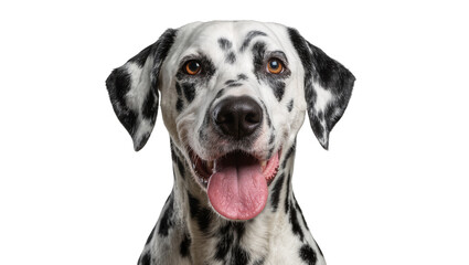 Dalmatian dog with black spots panting with tongue out, isolated on transparent background © Corotaev