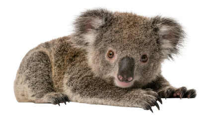 Fluffy grey koala bear with black nose lying down, isolated on transparent background © Corotaev