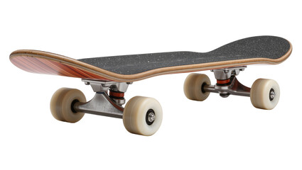 Wooden skateboard with grip tape and metal trucks, isolated on transparent background © Corotaev