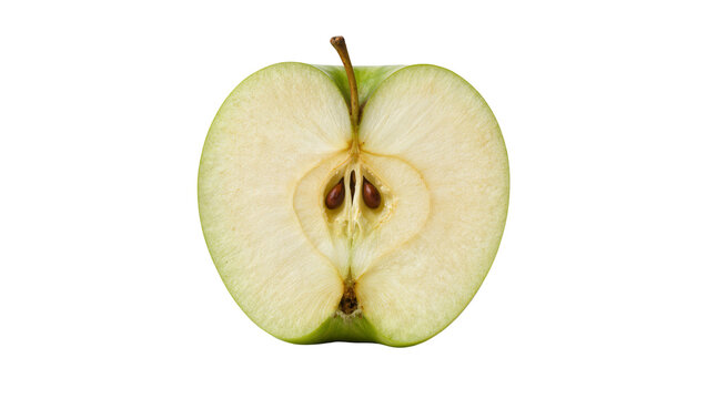Green apple half showing seeds and core, isolated on transparent background
