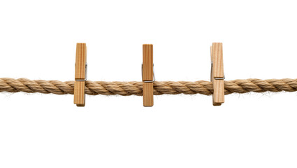 Three wooden clothespins attached to a thick natural fiber rope, isolated on transparent background © Corotaev